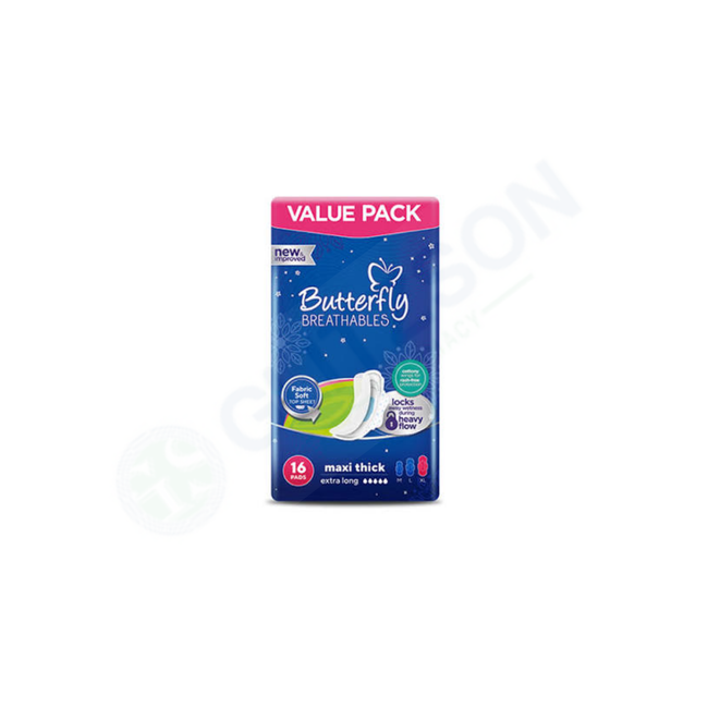 Butterfly Breathables Maxi Thick Fabric Soft Sanitary Pads Extra Long Value Pack 16Pcs Hover Image