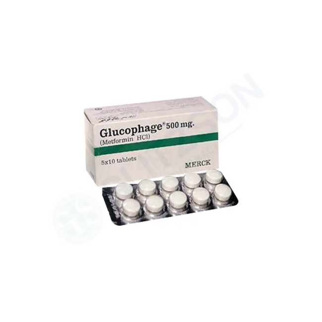 Glucophage Tablets 500mg (1 Box = 5 Strips) (1 Strip = 10 Tablets) Hover Image