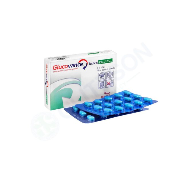 Glucovance Tablets 1.25/250mg (1 Box = 2 Strips) (1 Strip = 15 Tablets) Hover Image