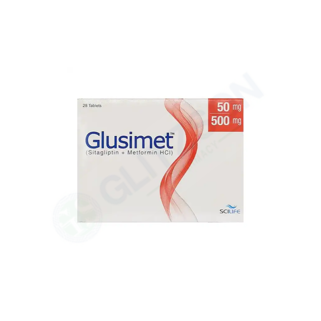 Glusimet Tablets 50mg/500mg (1 Strip = 7 Tablets) Hover Image