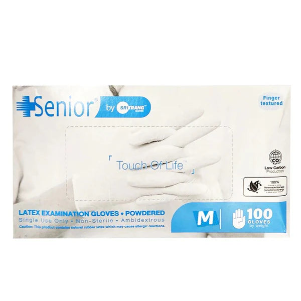 Senior Latex Powdered Disposable Examination Gloves (Medium), 100 Ct Hover Image
