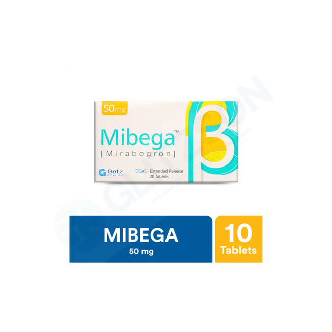 Mibega Tablets 50mg (1 Box = 2 Strips) (1 Strip = 10 Tablets) Hover Image
