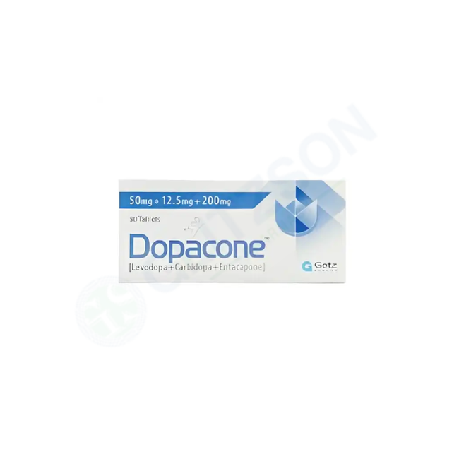 Dopacone Tablets 50+12.5+200mg (1 Box = 3 Strips) (1 Strip = 10 Tablets) Hover Image