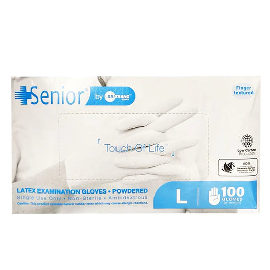Senior Latex Powdered Disposable Examination Gloves (Large), 100 Ct